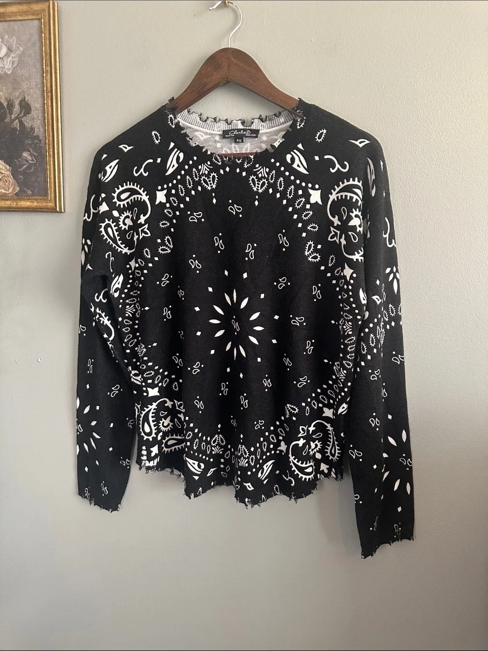 Charlie B Bandana Print Distressed Knit Sweater Black White Frayed Trim S